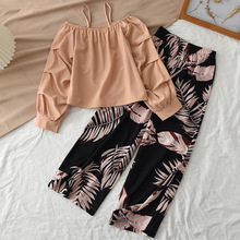 大童套装跨境童装春秋季新款女童吊带一字肩长袖上衣长裤两件套