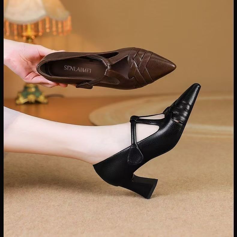 2026 primavera y verano nuevos zapatos de boca superficial de mujer con hebilla de talón grueso y desgaste zapatos de talón alto de mujer