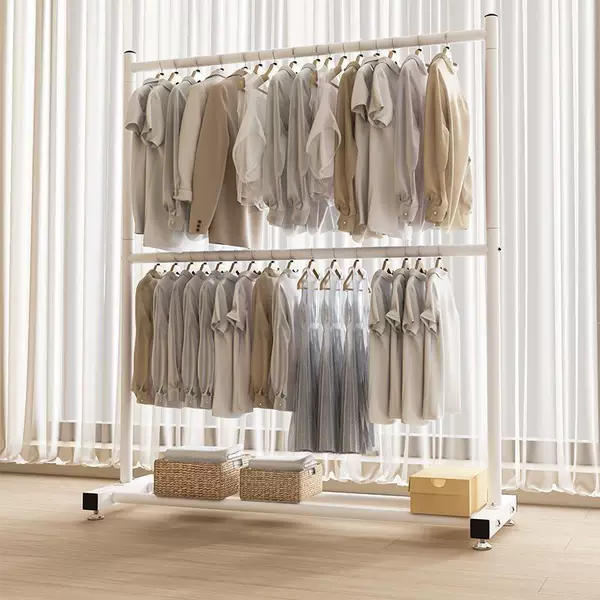 Double-Layer Floor-Standing Vertical Clothes Rack for Home Use, Suitable for Dormitories, Rental Apartments, Simple Bedroom Coat Rack, Clothes Drying Rack, Balcony Storage