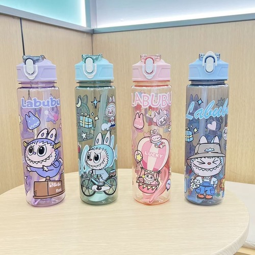 Cute cartoon large-capacity plastic cup, high-quality double drink bouncing cup, children and student travel straw cup