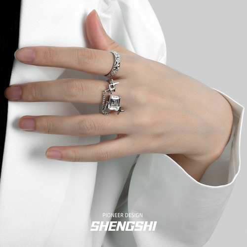 Korean version of ins niche design, high-end, sweet and cool personality cross chain open ring for women, non-fading wholesale