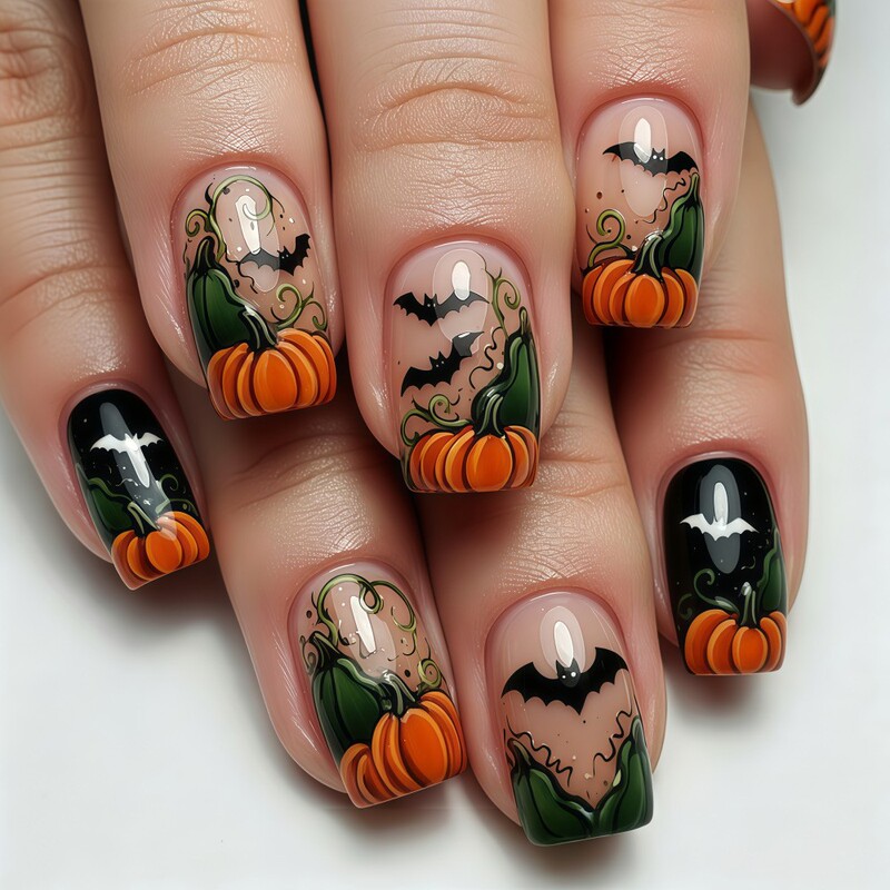 Halloween Wearable Nails Pumpkin Vine Black Bat Fake Nails 24 Pieces European and American Fashion Fake Nails
