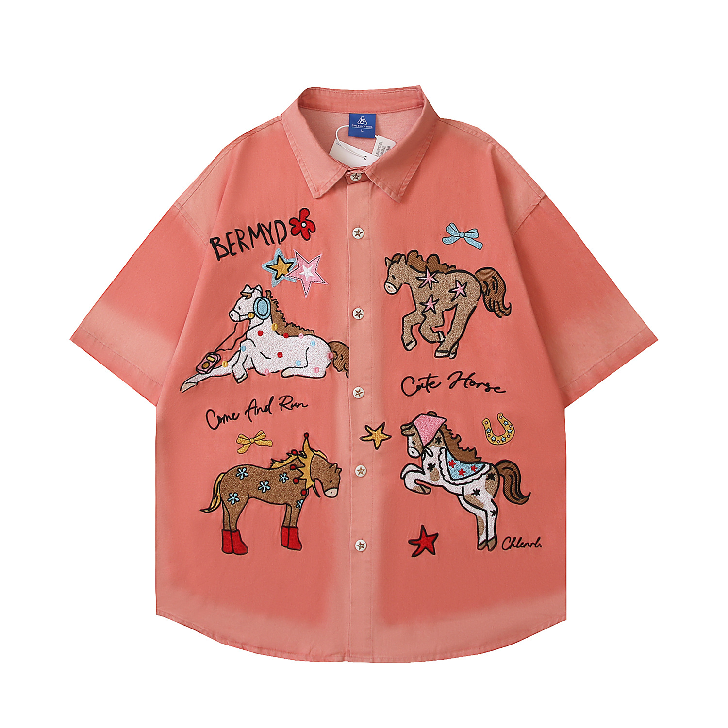 Retro pony, summer universal shirt, American style, gradient, with embroidery, oversize