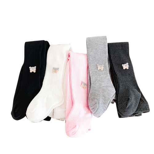 Spring  New Open-garter Bear Solid Color Vertical Striped Children's Pantyhose for Girls and Babies Wearable Leggings