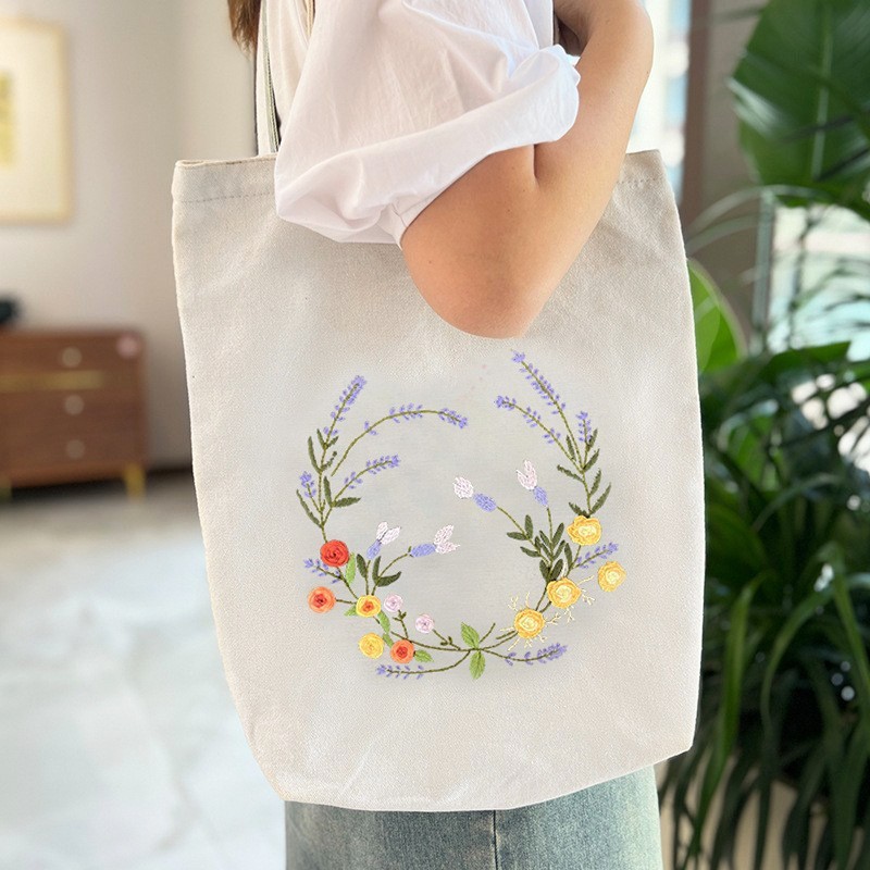 Hecho a mano DIY cinta bordada bolsa de lona Lu bordado solo hombro bolso tridimensional bordado flor lienzo mujer bolsa grande