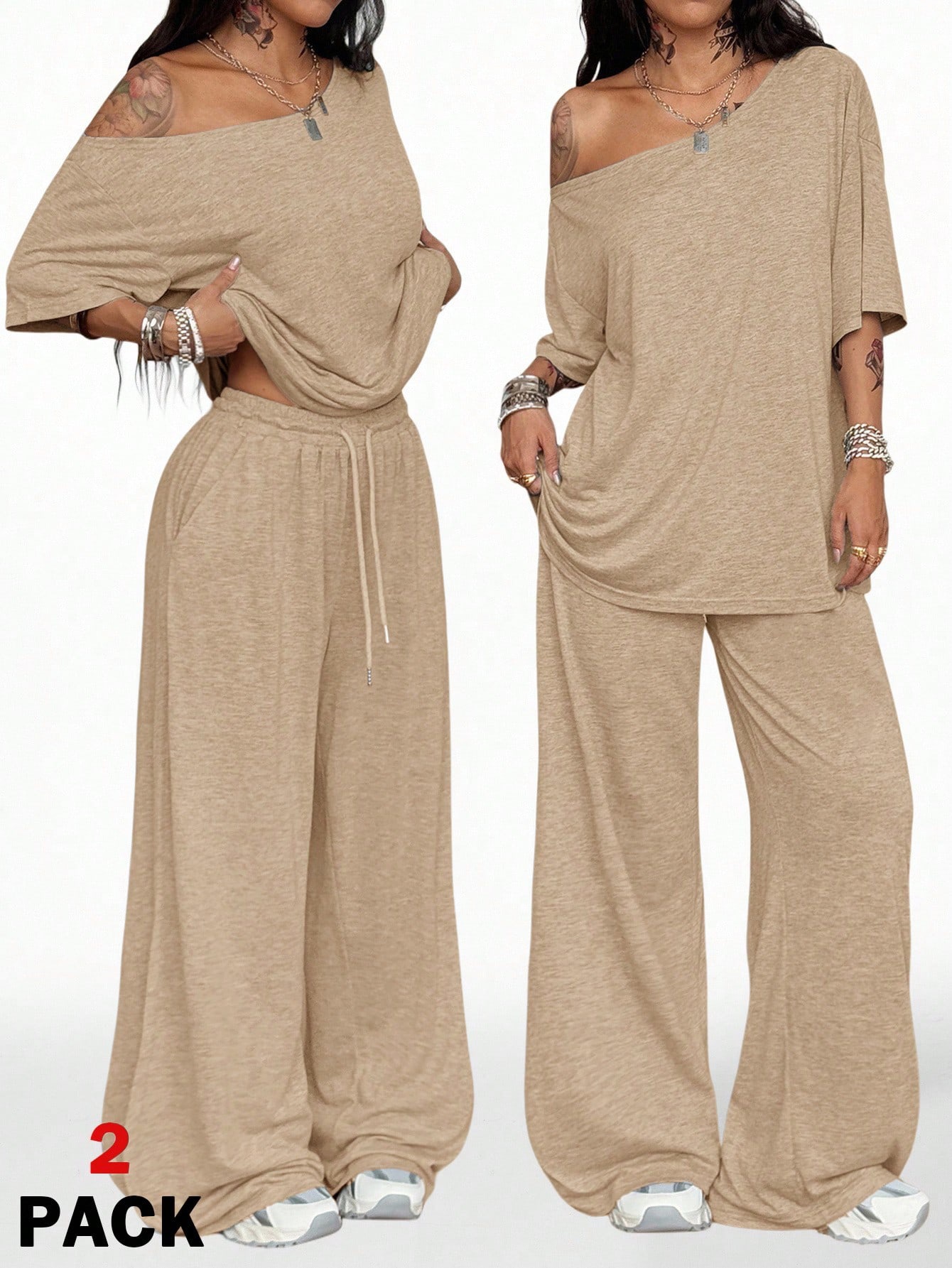 2026 Women's Casual Solid Color Oblique Neck Wide Leg Pants Set Sports Two-piece Set Loose Pants_ecoleips.com