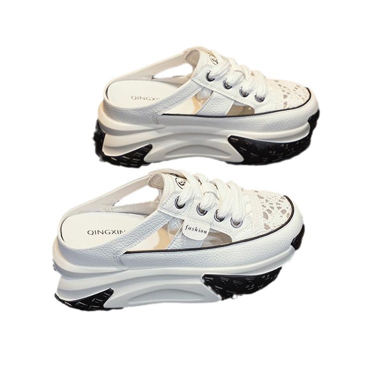 Baotou mitad zapatillas de verano para mujeres sandalias 2024 hueco nuevo tipo de explosión de suela gruesa aumentando la altura del agujero de los zapatos de papá