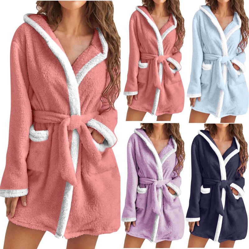 2026 Cross-Border European and American Hot-Selling Foreign Trade Amazon Autumn and Winter Color-Blocked Hooded Pajamas Home Plush Warm Bathrobe for Women 2026 Cross-Border European and American Hot-Selling Foreign Trade Amazon Autumn and Winter Color-Blocked Hooded Pajamas Home Plush Warm Bathrobe for Women