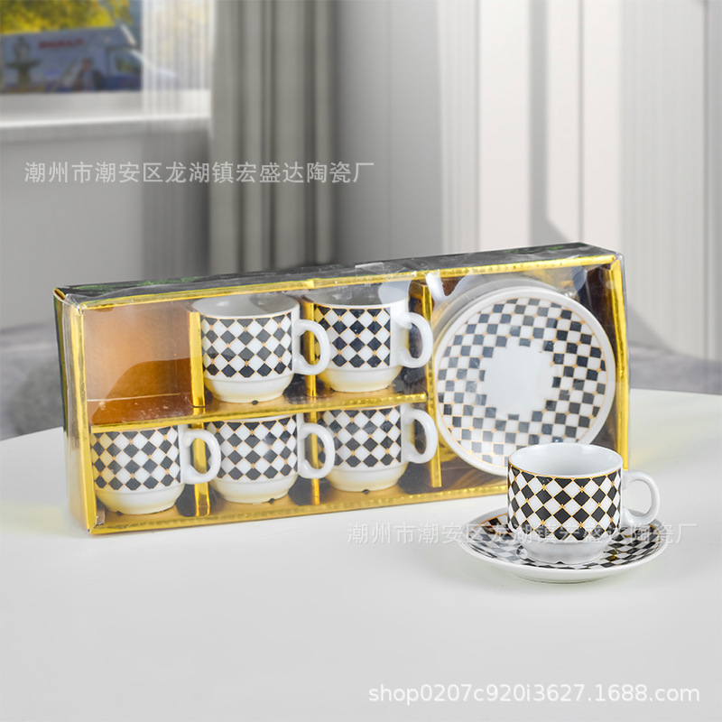 Nuevo conjunto de tazas de café de cerámica europea, tazas de café de estampado transfronterizo, 6 tazas de café de Oriente Medio, 6 platos de café de la tarde