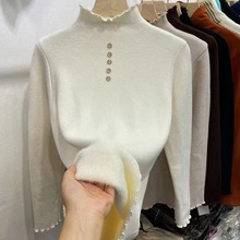 木耳花边领加绒加厚针织打底衫女秋冬新款时尚洋气一体绒套头毛衣