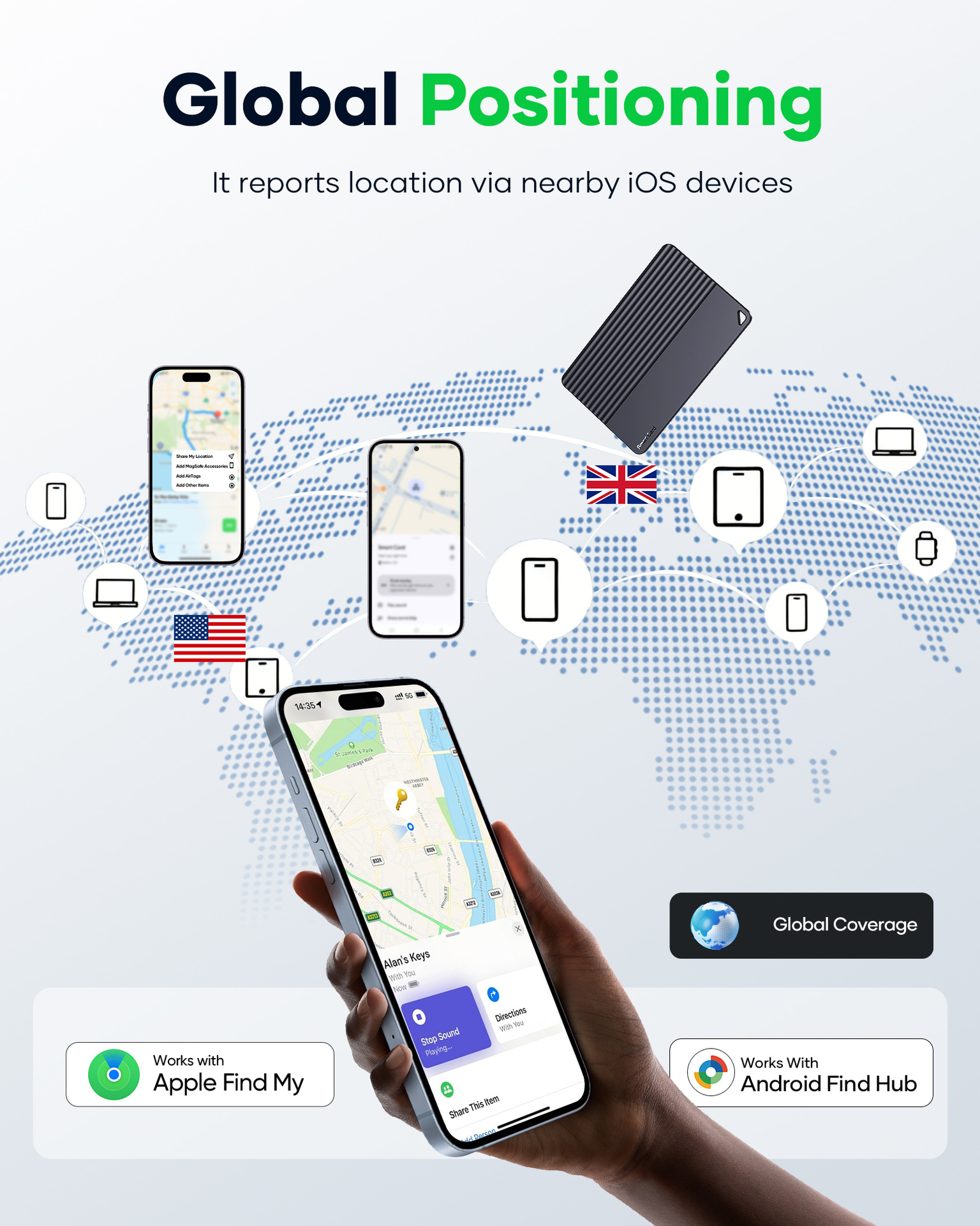 Çift sistem kart bulucu, iOS ve Android uyumlu, uzun pil