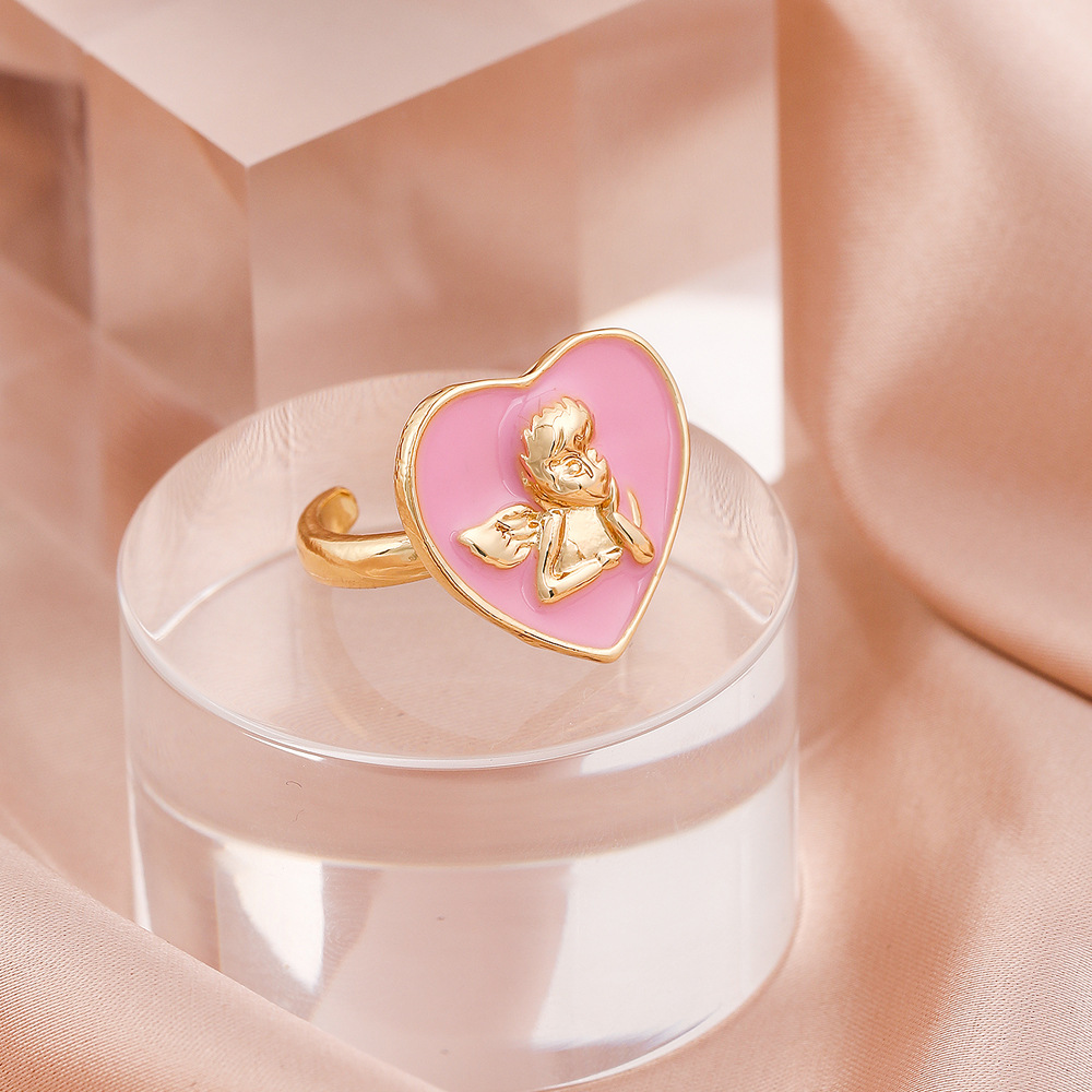 fashion geometric multi-color dripping oil heart angel ring