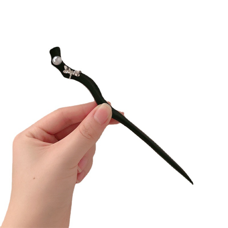 Perla de libélula de alta calidad simple pinza de cabello de mujer antiguo madera de madera negra bola de cabello y pinza de cabello de corte de cabello