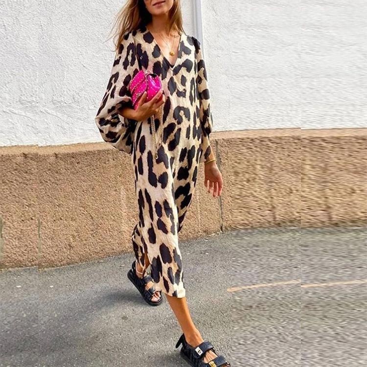2026 Amazon Ebay New Autumn and Winter Long V-Neck Loose Lantern Sleeve Leopard Print Dress Long Skirt for Women