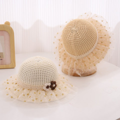 圓點手工花朵兒童帽子春秋夏季草帽嬰幼兒防曬帽透氣遮陽帽太陽帽