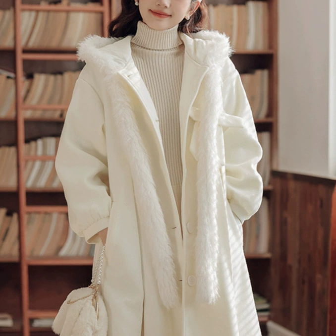 White woolen coat with hood, demi-season cute jacket