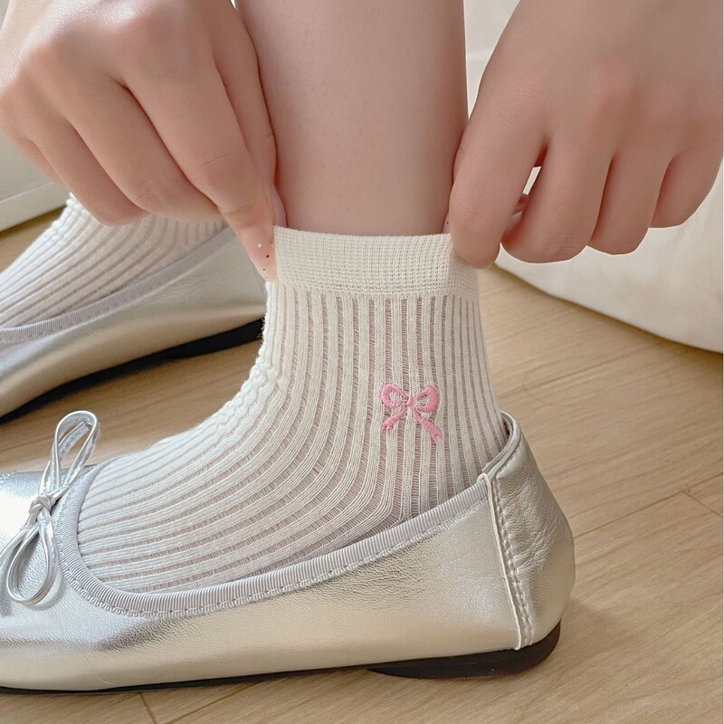 Miu Style Ballet Women's Socks Ins Boneless Short-Tube Embroidered Bow Socks Women's Summer Ultra-Thin Cut Out Socks