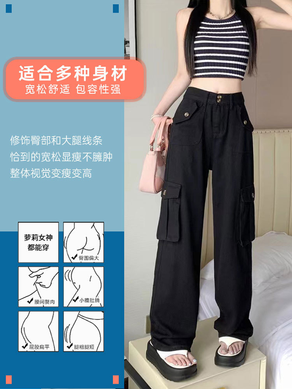 145矮小个子白色牛仔工装裤女秋季2025年新款高腰直筒阔腿裤九分|undefined