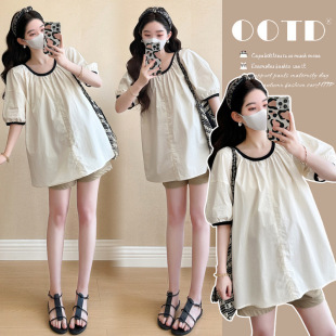 Maternity 2025 Summer New Korean-style Puff Sleeve Age-reducing Contrast Color Doll Shirt Belly Shorts Two-piece Set