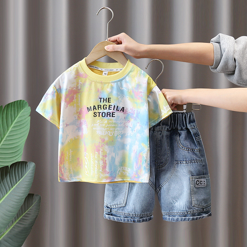 7289 Traje de verano para niños 2025 Nueva camiseta de manga corta con estampado de tie-dye para niños Verano fresco y atractivo de dos piezas Verano 5