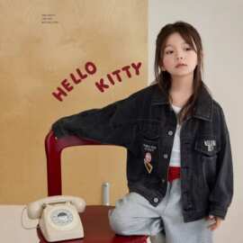 源头工厂童装2026春季新款女童HelloKitty刺绣软牛仔外套宽松韩版