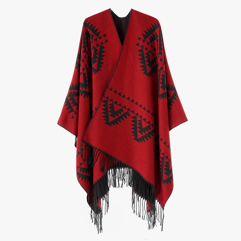 2024 nueva primavera y otoño invierno estilo nacional geométrico moda multi-elemento bifurcado camisa chal abrigo suelto