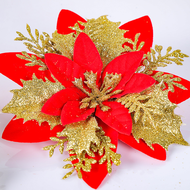Adornos navideños transfronterizos Flores navideñas rojas doradas Adornos del árbol de Navidad Espolvorear accesorios de flores en polvo hechos a mano Decoración de la escena