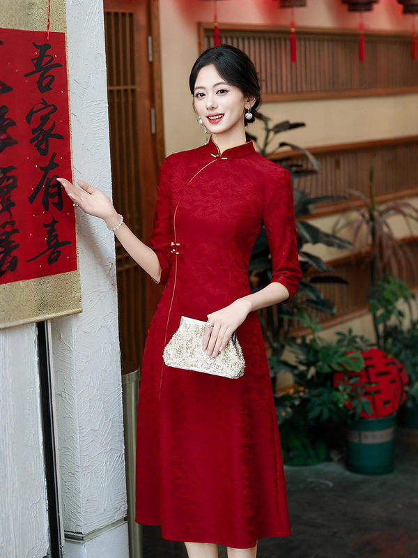 2025秋季款中国风醋酸提花中长款复古旗袍女装少女改良修身连衣裙|undefined
