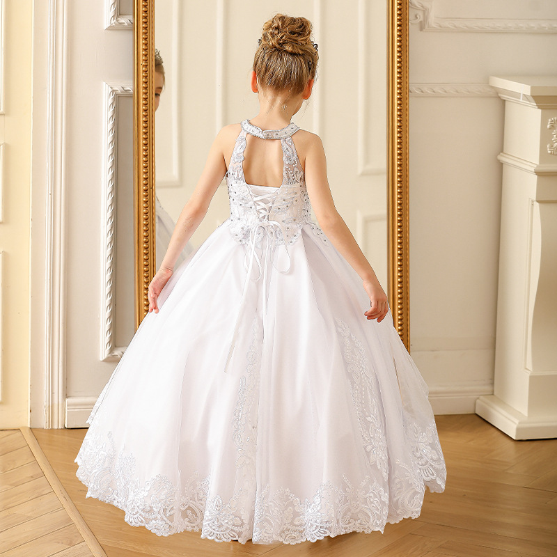 Robe de communion pour fille, sans manches, dos nu, en dentelle, style princesse, avec nœud brodé et longue traîne._voghion.com