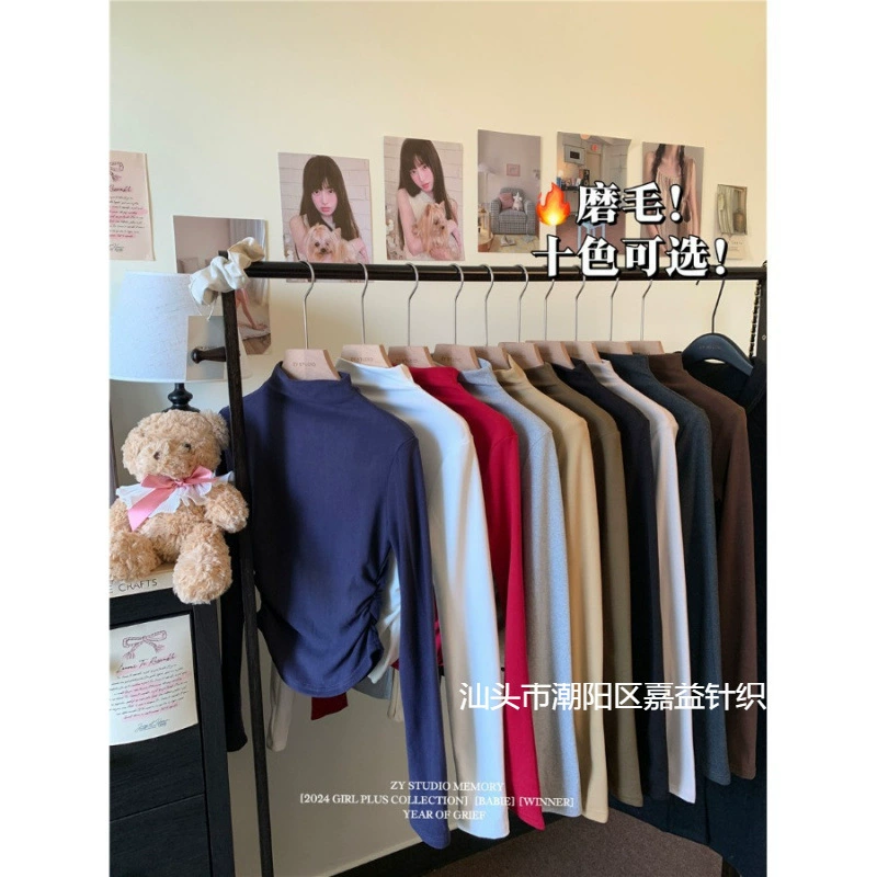 Футболка с длинным рукавом с длинным рукавом в шею шерсти шерсти 2024 зимой тонкая и складчатая нижняя рубашка