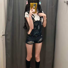 美式辣妹高腰牛仔背带短裤女2025夏天百搭通勤款可拆卸辣妹热裤子