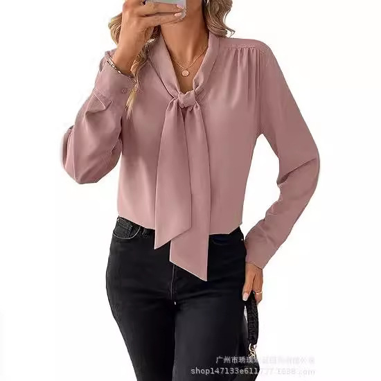 Foreign Trade 2026 New Model Amazon European and American Women's Fashion Solid Color Bow Collar Casual Shirt Top