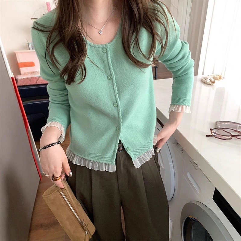 温柔风拼接设计感蕾丝花边针织开衫女秋冬新款小个子短款毛衣外套|undefined