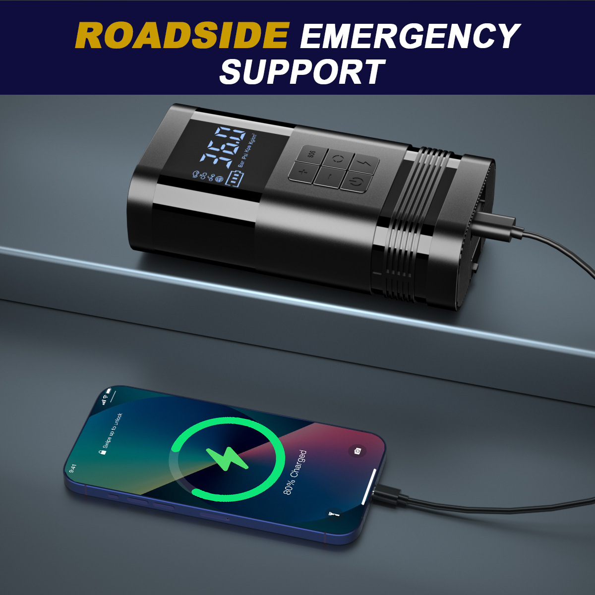 Wireless Car Air Compressor, Digital Display Automatic Charging and Shut-Off Tire Inflator, Portable Emergency Lighting Car Air Pump