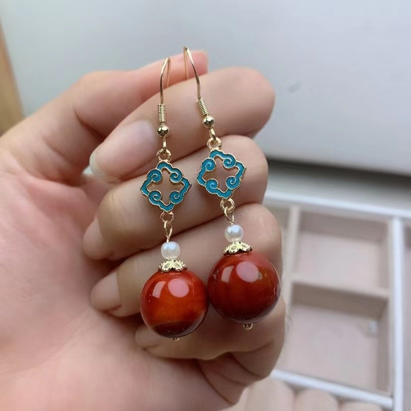 민족 한후 액세서리 귀 보석 고대 의류 자연 전쟁 국가 붉은 마노 수제 귀걸이 레트로 청삼 귀걸이