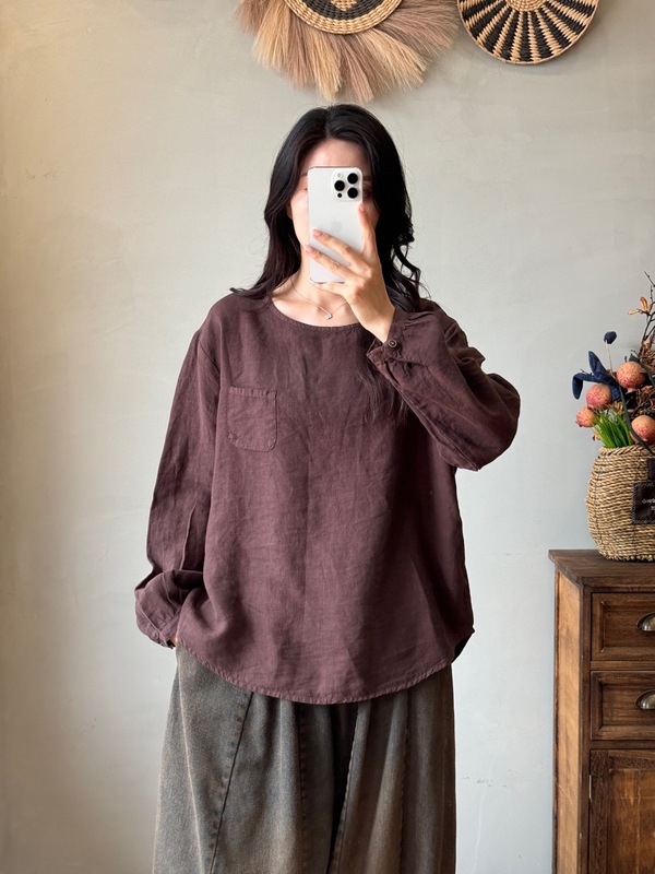 亚麻炒色做旧圆领套头衬衫上衣女2025秋韩版宽松简约百搭衬衣3076|undefined