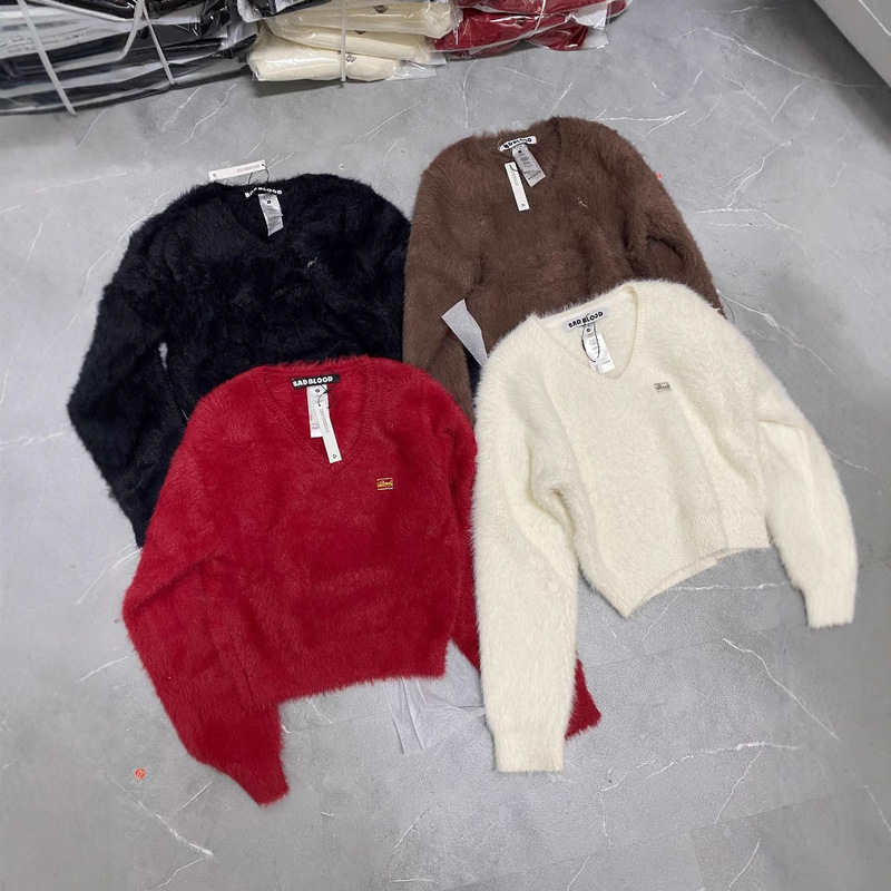 badblood Haima Fur V-Neck Red Sweater Coat Women's Hot Girl Sexy New Year's Day Wear Loose Sweater Trendy