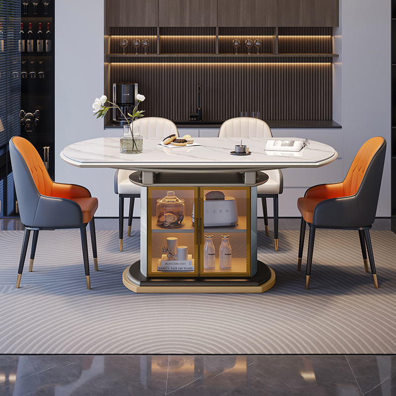 Light Luxury Slate Dining Table Modern Simple Variable Round Table Storage Dining Table Home Small Apartment Telescopic Folding Induction Cooker