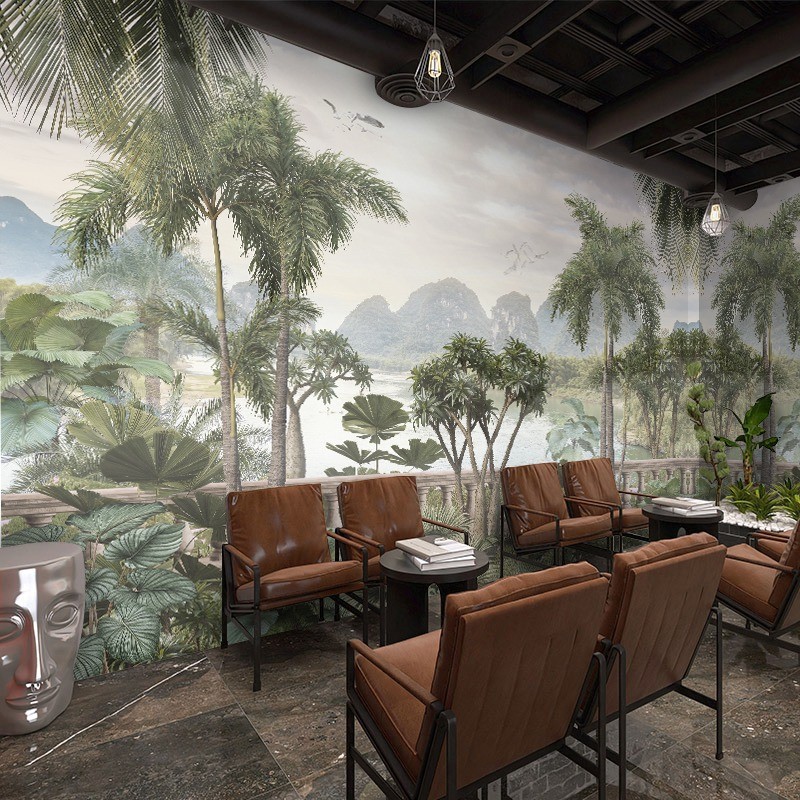 轻奢法式墙纸餐厅装修背景墙壁纸美式复古丛林法国西餐中世纪墙布