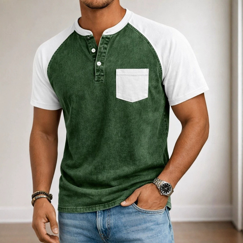 Cross-Border Men's Henley Collar Pocket-Decorated Solid Color 3D Digital Print Cotton-Like Short-Sleeve Half-Button Casual T-Shirt