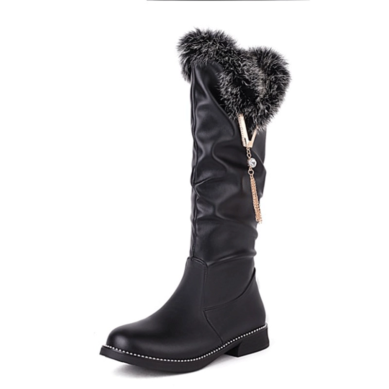 Пушистые сапоги с круглым носком, высокие сапоги на плоской подошве, кожаные сапоги для девочек, маленький размер, большой размер 26–43, семейная обувь 8–71