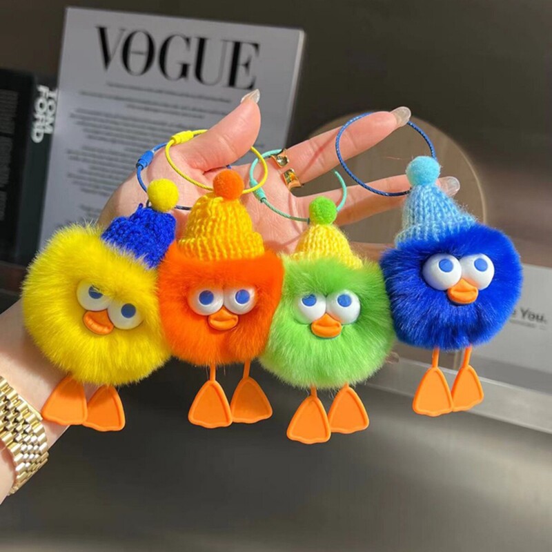 Cute Faux Rabbit Fur Big-Eyed Duck Keychain Plush Pendant Ugly-Cute Duck Coal Ball Doll Bag Charm Wholesale