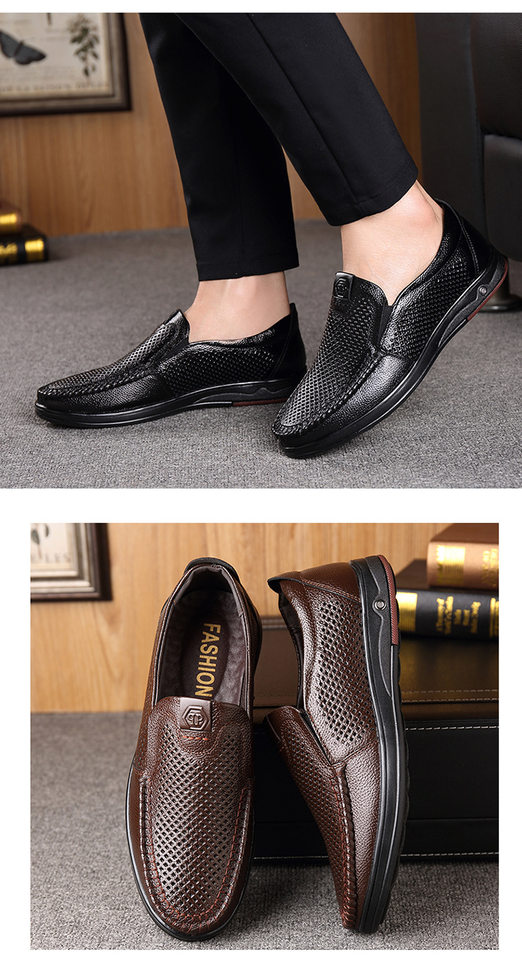 Giày lười nam da bò thoáng khí đục lỗ mũi nhọn đế mềm chống trượt gót 1–3 cm — Màu nâu, Màu đen chi tiết 16