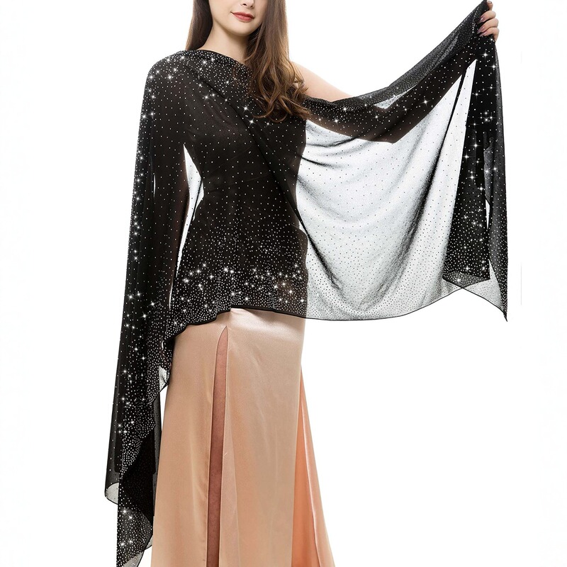 Women's Shawl Evening Dress Chiffon Shiny Imitation Rhinestone Scarf Soft Transparent Wedding Party Headscarf Thin Gauze Scarf