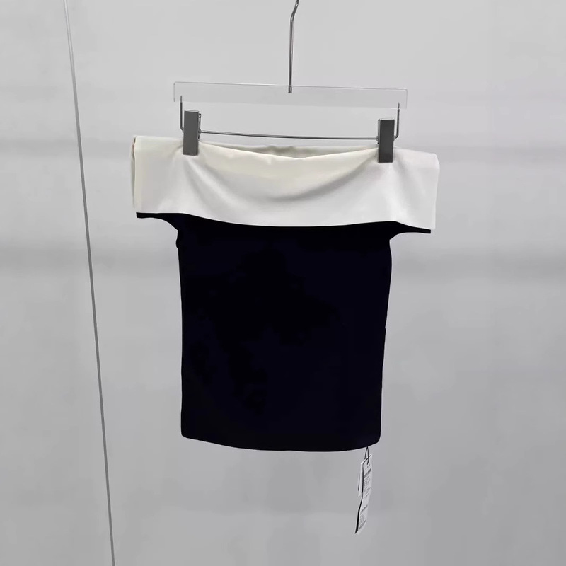 Ai** Shopping Mall's Same Style 2025 Summer New Fashion Retro Black and White Contrast Design One-Shoulder Knitted Top