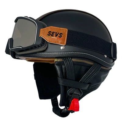 Motosiklet kaskı (dəbilqə), Handmade Leather Helmet - matte-black-leather-large-frame-goggles-s