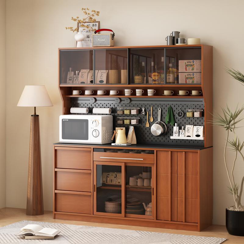 French Retro Solid Wood Sideboard Against the Wall Integrated Storage Cabinet Living Room Medieval Double-Layer Kitchen Tea Cabinet Storage Cabinet