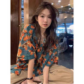 港味复古扎染短袖衬衫女宽松百搭衬衣夏季新款时尚个性炸街上衣潮