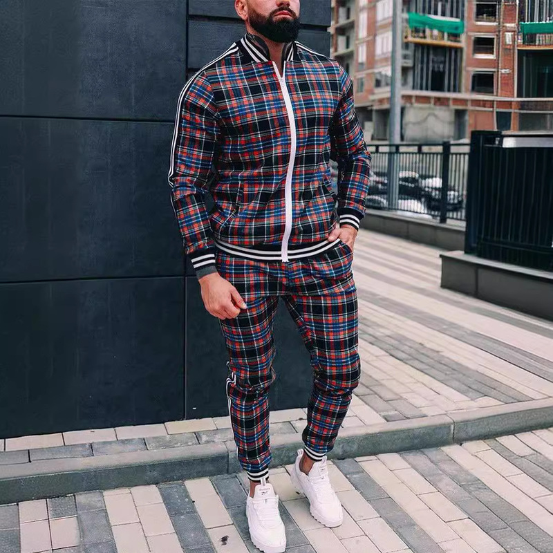 Cross-Border New Autumn Men's European and American Men's Sports Suit Plaid Jacket Zipper Shirt Jacket Trousers Two-Piece Set
