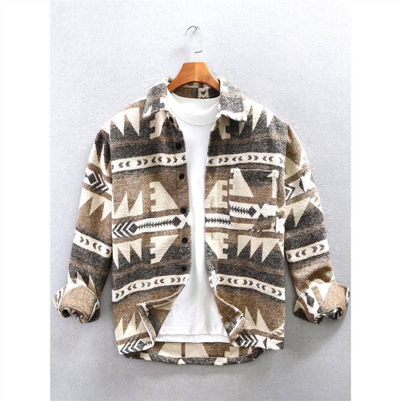 Ami Kaji American-style Printed Sanding Long-sleeved Woolen Shirt Men's Winter Loose Thickened Warm Flower Shirt Jacket